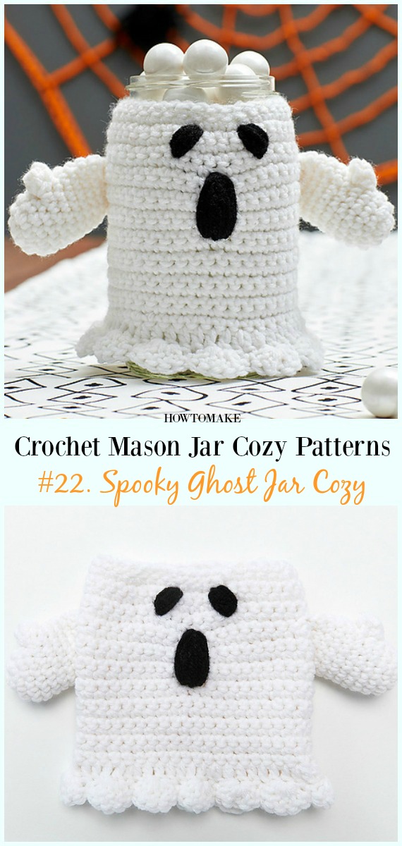 Spooky Ghost Jar Cozy Crochet Free Pattern- #Crochet #MasonJar Cozy Free Patterns