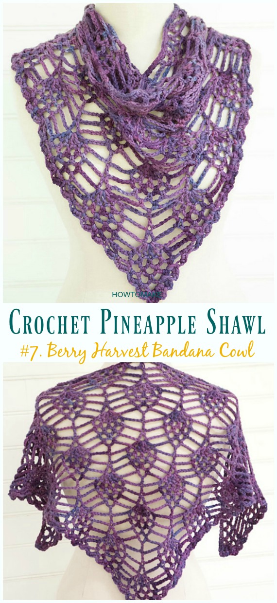 Berry Harvest Bandana Cowl Shawl Crochet Free Pattern - #Crochet; #Pineapple; #Shawl; Free Patterns