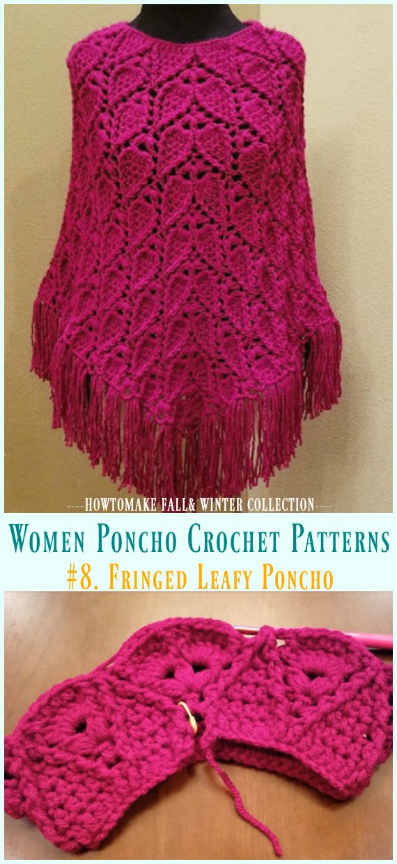 Fringed Leafy Poncho Crochet Free Pattern - Fall & Winter Women #Poncho; #Crochet; Patterns