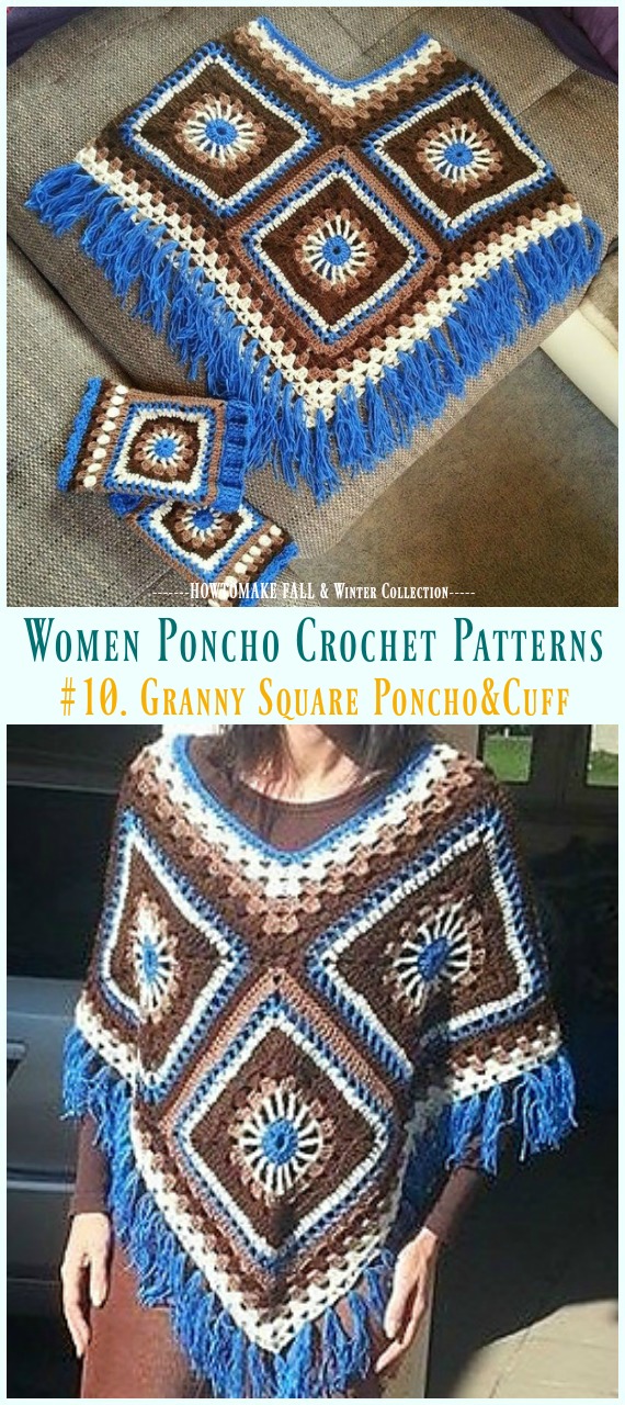 Granny Square Poncho & Cuff Crochet Free Pattern - Fall & Winter Women #Poncho; #Crochet; Patterns