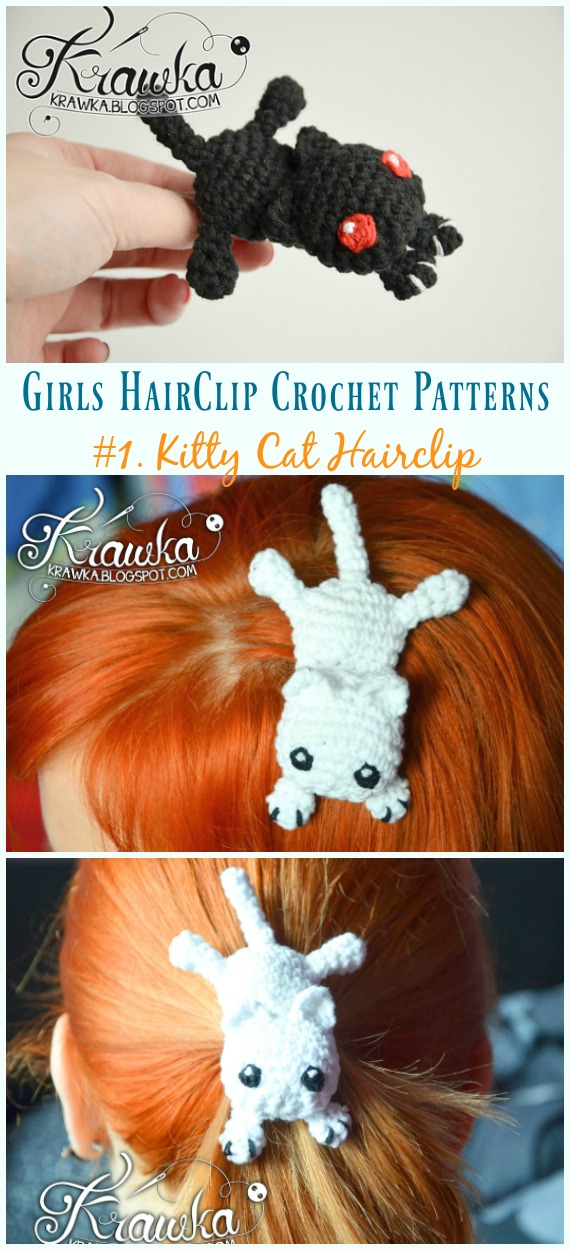 Crochet Kitty Cat Hairclip Free Pattern - Girls #HairClip; Accessories Free #Crochet; Patterns