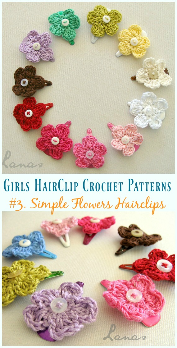 Crochet Simple Flowers Hairclip Free Pattern - Girls #HairClip; Accessories Free #Crochet; Patterns