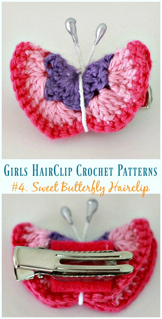 Crochet Sweet Butterfly Hairclip Free Pattern - Girls #HairClip; Accessories Free #Crochet; Patterns