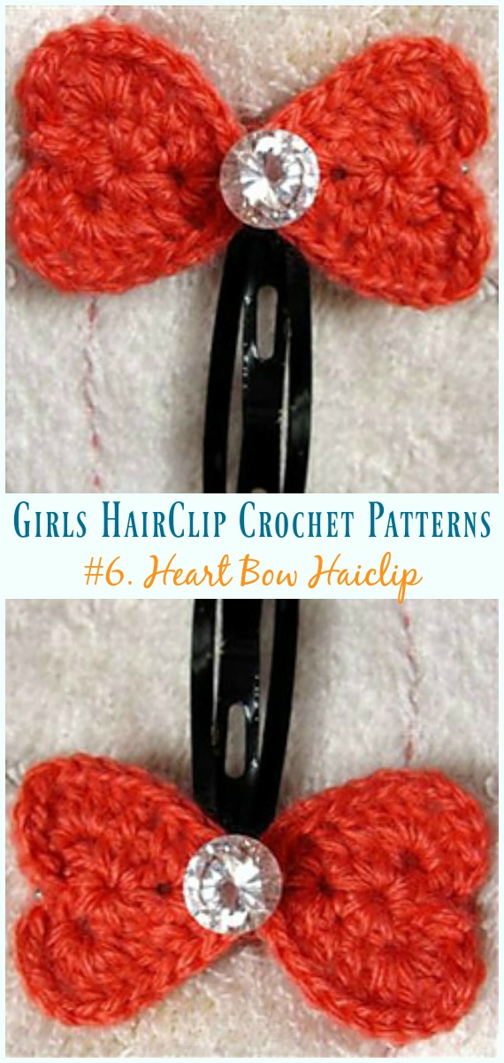 Crochet Heart Bow Hairclip Free Pattern - Girls #HairClip; Accessories Free #Crochet; Patterns