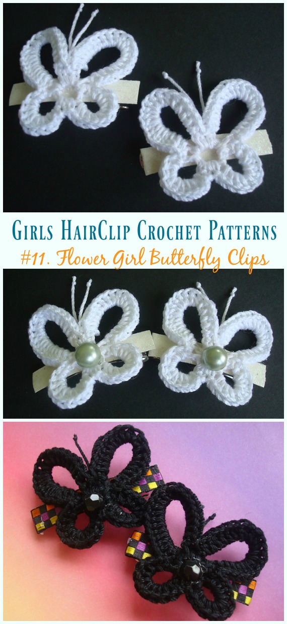 Crochet Flower Girl Butterfly Clips Free Pattern - Girls #HairClip; Accessories Free #Crochet; Patterns