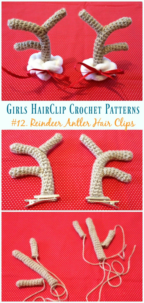 Crochet Reindeer Antler Hair Clips Free Pattern - Girls #HairClip; Accessories Free #Crochet; Patterns