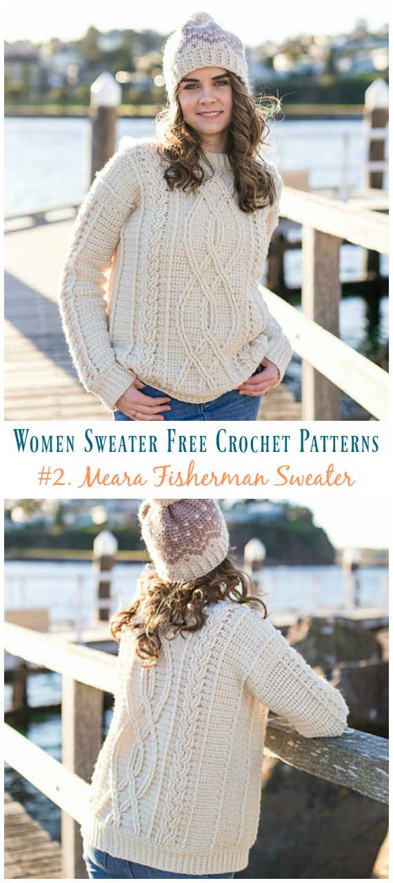 Meara Fisherman Cabled Sweater Crochet Free Pattern - Fall Winter Women #Sweater; Free #Crochet; Pattern