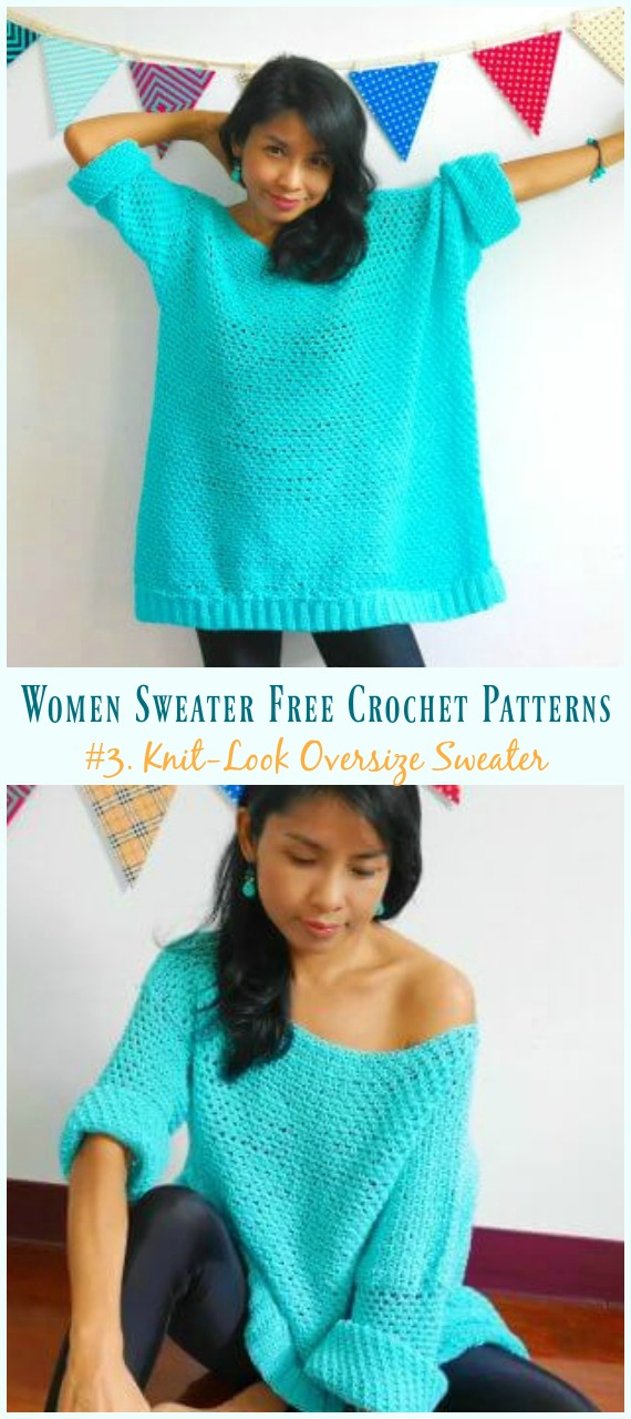 Knit-Look Oversize Sweater Crochet Free Pattern - Fall Winter Women #Sweater; Free #Crochet; Pattern