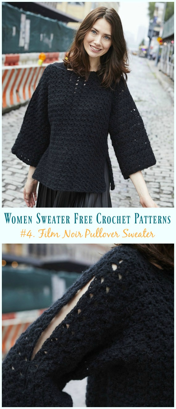 Film Noir Pullover Sweater Crochet Free Pattern - Fall Winter Women #Sweater; Free #Crochet; Pattern