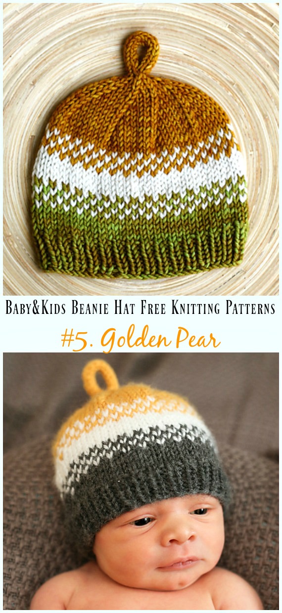 Golden Pear Hat Knitting Free Pattern - Baby & Kids Beanie #Hat; Free #Knitting; Patterns