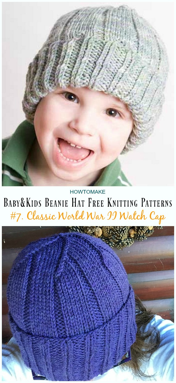 Classic World War II Watch Cap Hat Knitting Free Pattern - Baby & Kids Beanie #Hat; Free #Knitting; Patterns