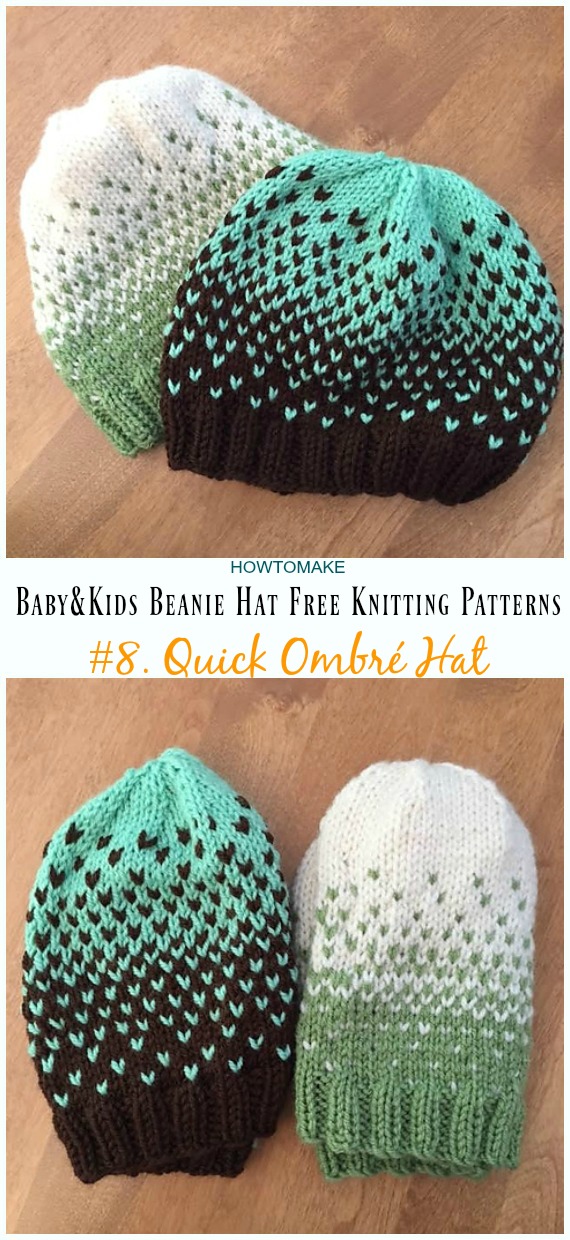Quick Ombré Hat Knitting Free Pattern - Baby & Kids Beanie #Hat; Free #Knitting; Patterns