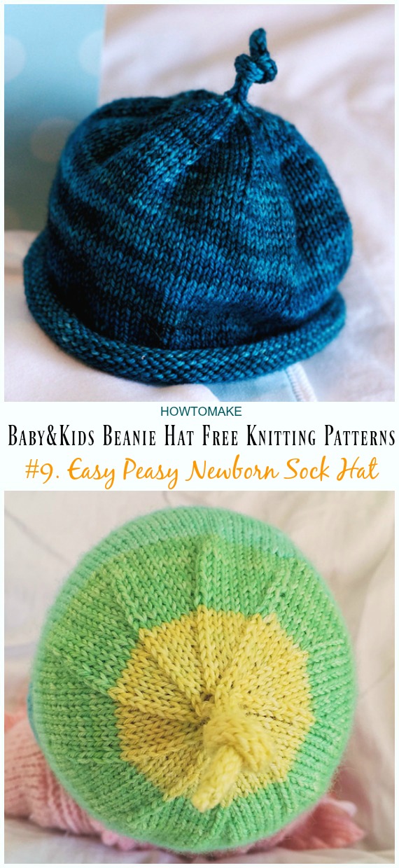 Easy Peasy Newborn Sock Hat Knitting Free Pattern - Baby & Kids Beanie #Hat; Free #Knitting; Patterns