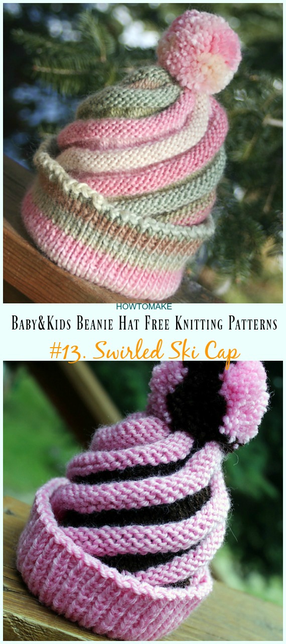 Swirled Ski Cap Hat Knitting Free Pattern - Baby & Kids Beanie #Hat; Free #Knitting; Patterns