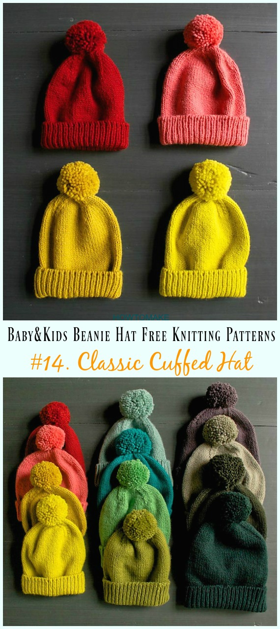 Classic Cuffed Hat Knitting Free Pattern - Baby & Kids Beanie #Hat; Free #Knitting; Patterns