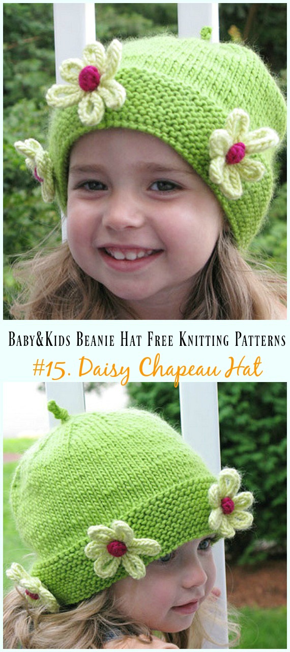 Daisy Chapeau  Hat Knitting Free Pattern - Baby & Kids Beanie #Hat; Free #Knitting; Patterns