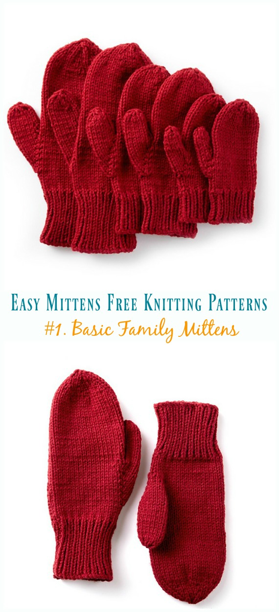 Basic Family Mittens Knitting Free Pattern - Easy #Mittens Free #Knitting; Patterns