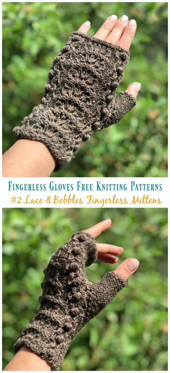 Lace & Bobbles Fingerless Mittens Knitting Free Pattern - #Fingerless; Gloves Free #Knitting; Patterns