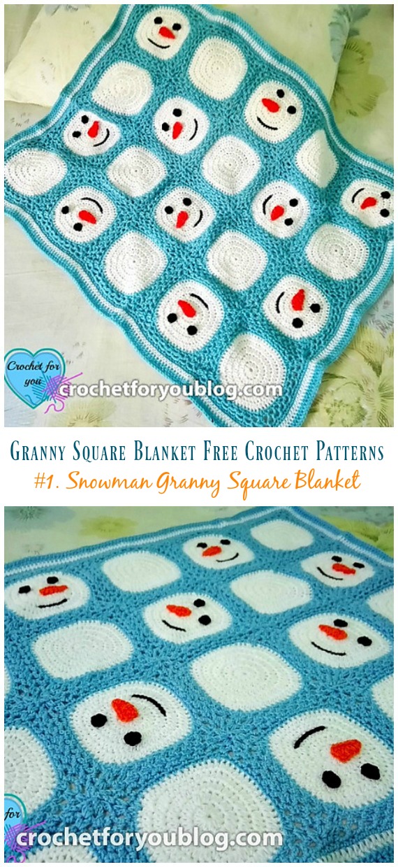 Snowman Granny Square Blanket Crochet Free Pattern - #Granny; Square #Blanket; Free #Crochet; Patterns