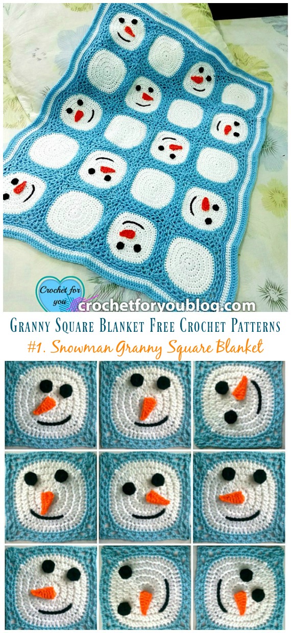 Snowman Granny Square Blanket Crochet Free Pattern - #Granny; Square #Blanket; Free #Crochet; Patterns