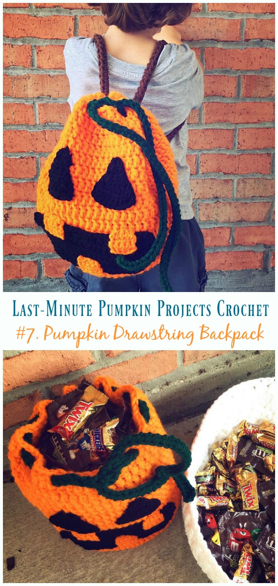 Pumpkin Drawstring Backpack Crochet Free Pattern - Last-Minute #Pumpkin; Projects #Crochet; Free Patterns
