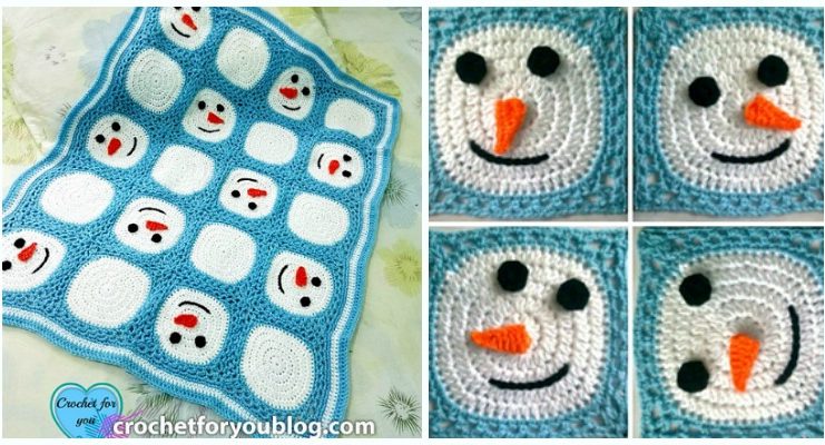 Snowman Granny Square Blanket Crochet Free Pattern - #Granny; Square #Blanket; Free #Crochet; Patterns