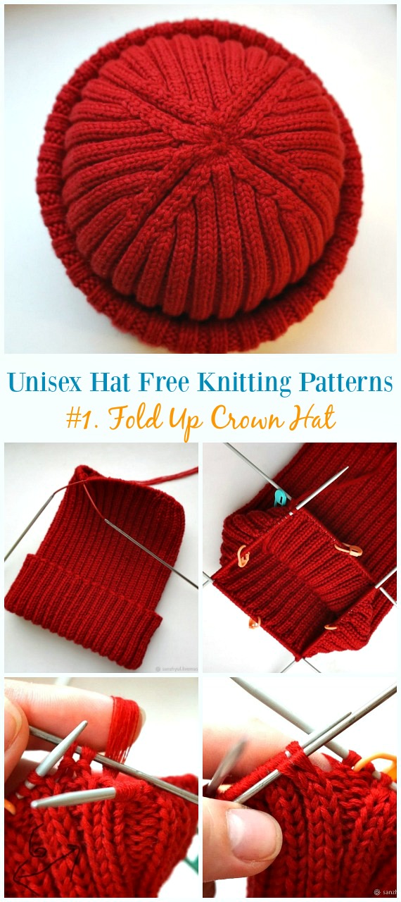 Fold Up Crown Hat Knitting Free Pattern - Unisex Adult #Hat; Free #Knitting; Patterns