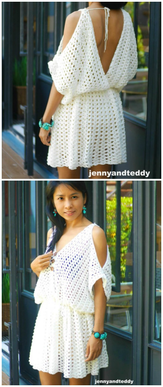 White Hippie BOHO Mini Dress Crochet Free Pattern - Women #Dress; Free #Crochet; Patterns