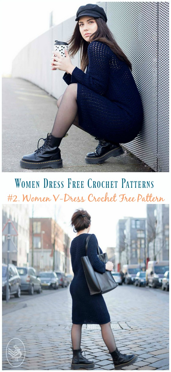 Women V-Dress Crochet Free Pattern - Women #Dress; Free #Crochet; Patterns