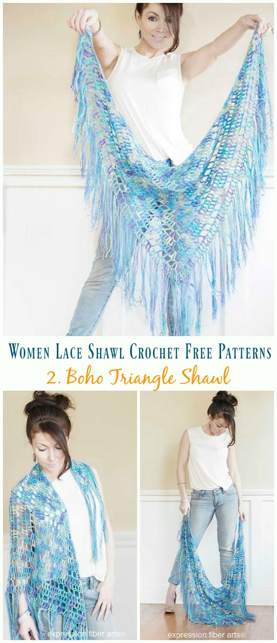 Boho Triangle Shawl Crochet Free Pattern - Women Lace #Shawl; Free #Crochet; Patterns