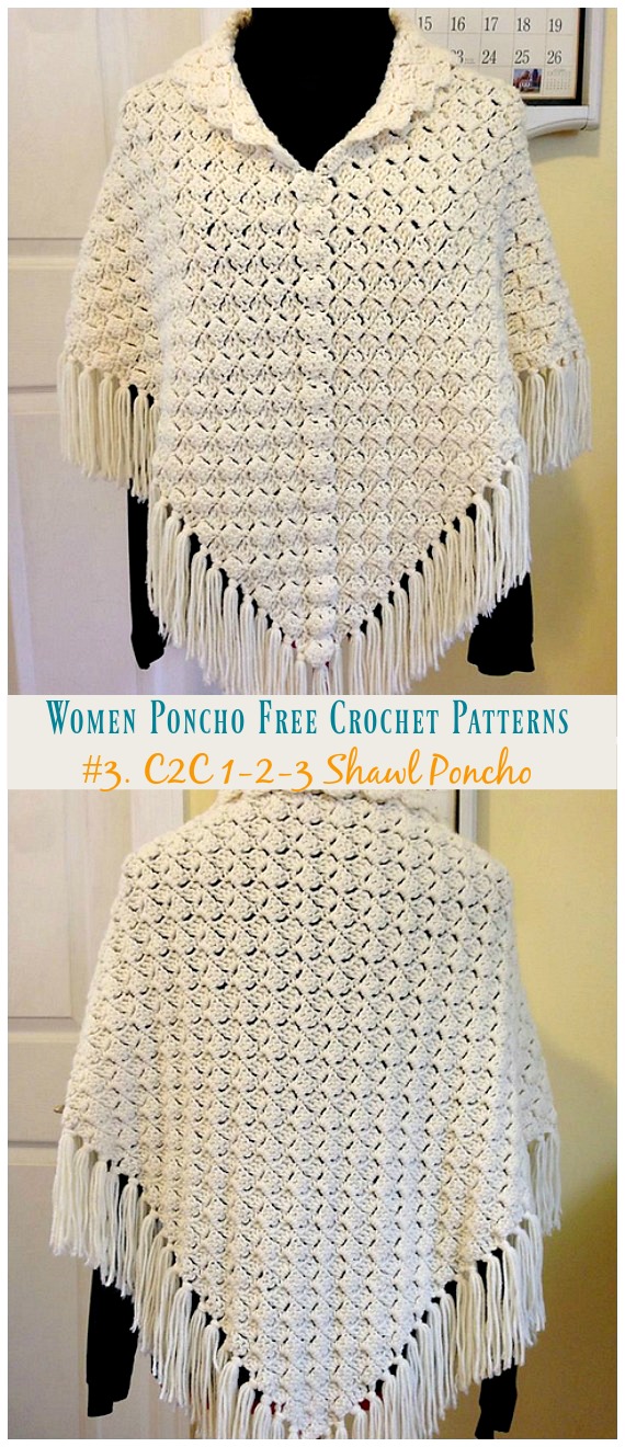 C2C 1-2-3 Shawl Poncho Crochet Free Pattern - Women #Poncho; Free #Crochet; Patterns