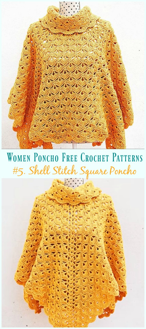 Shell Stitch Square Poncho Crochet Free Pattern Video- Women #Poncho; Free #Crochet; Patterns