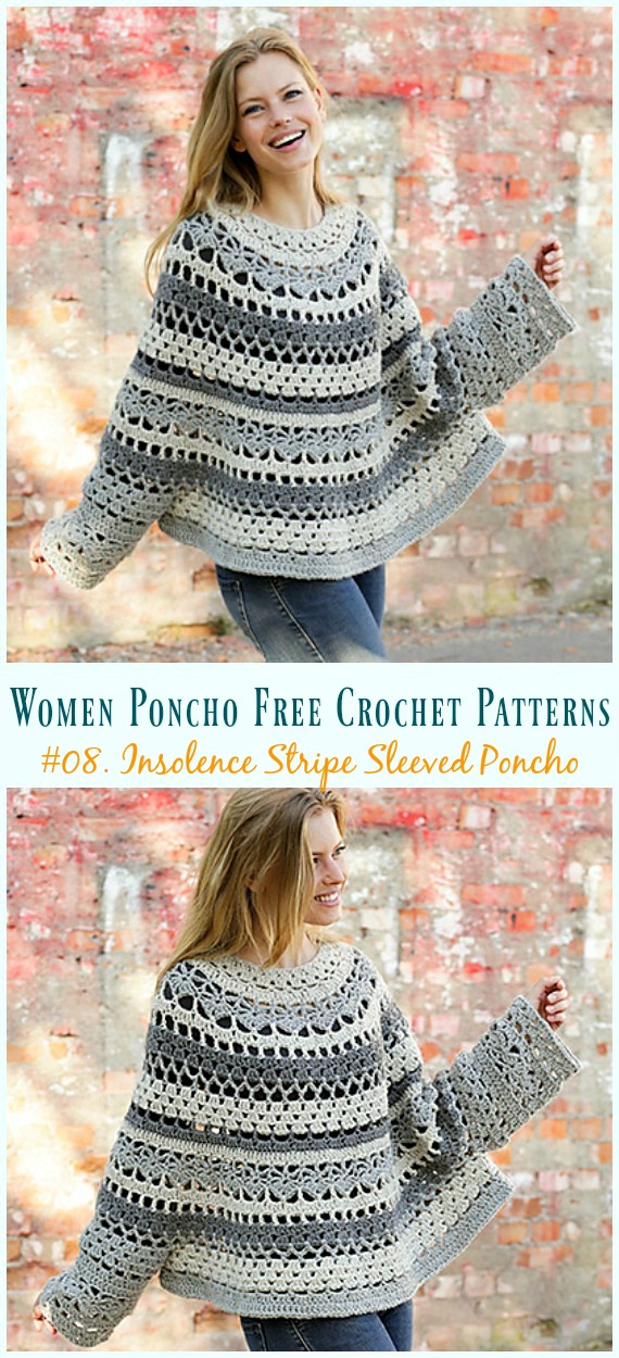 Insolence Stripe Sleeved Poncho Crochet Free Pattern - Women #Poncho; Free #Crochet; Patterns