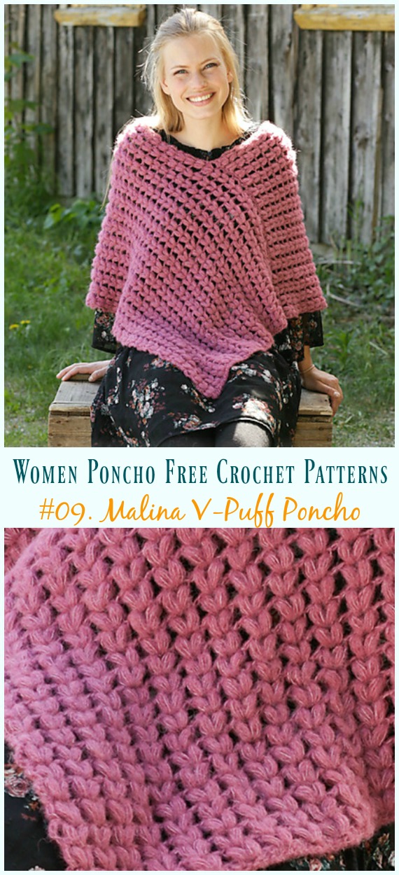 Malina V-Puff Poncho Crochet Free Pattern - Women #Poncho; Free #Crochet; Patterns