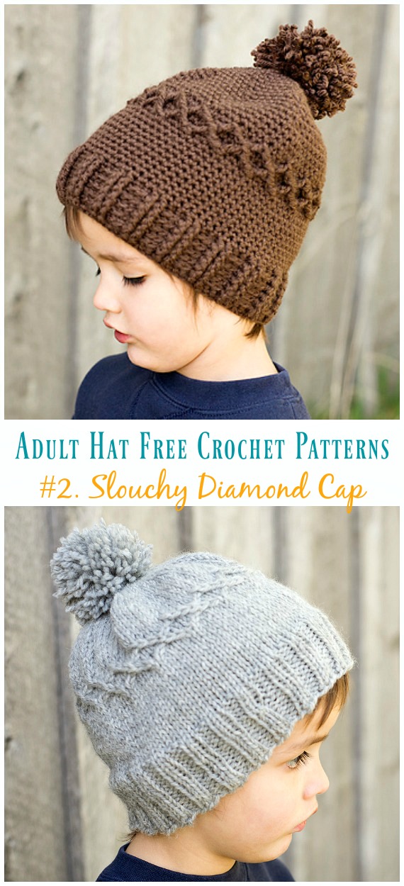 Slouchy Diamond Cap Hat Crochet Free Patterns - Adult #Hat; #Crochet; Free Patterns