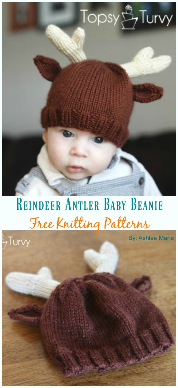 Reindeer Antler Baby Beanie Hat Knitting Free Pattern - Baby #Reindeer; #Hats; #Knitting; Patterns