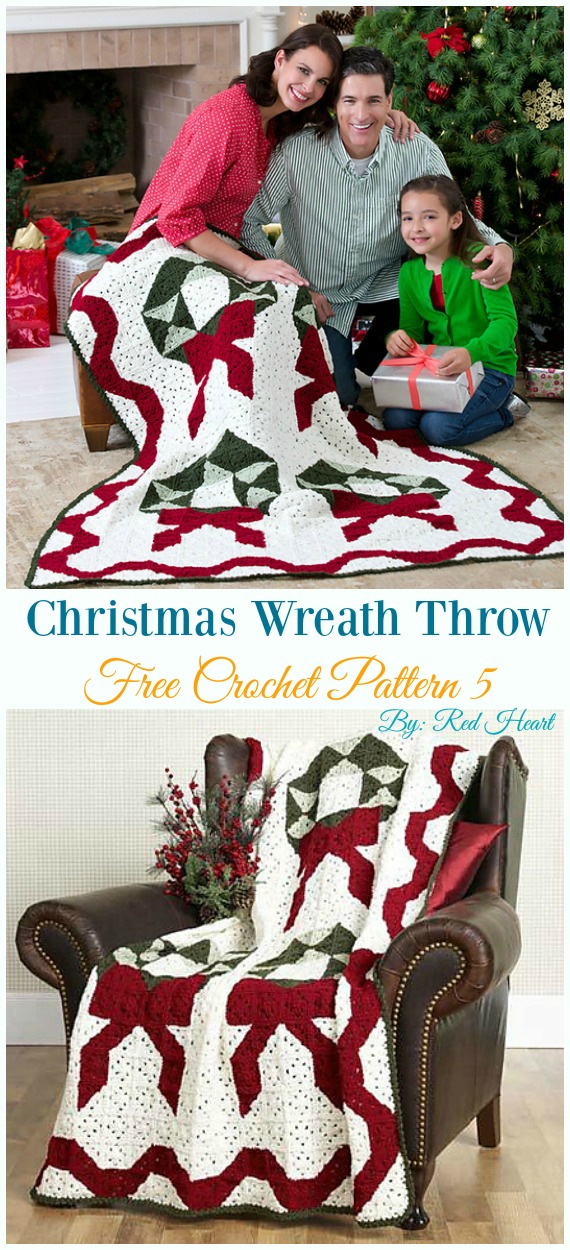 Christmas Wreath Throw Crochet Free Pattern - Holiday #Throw; Blanket Free #Crochet; Patterns