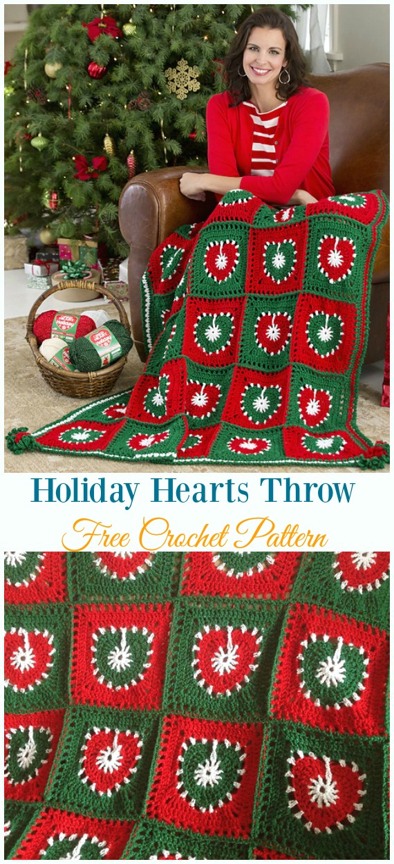 Holiday Hearts Throw Crochet Free Pattern - Holiday #Throw; Blanket Free #Crochet; Patterns