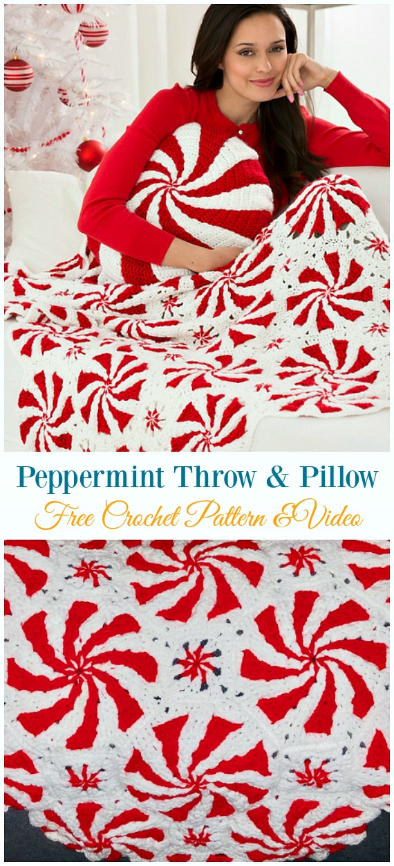 Peppermint Throw and Pillow Crochet Free Pattern - Holiday #Throw; Blanket Free #Crochet; Patterns