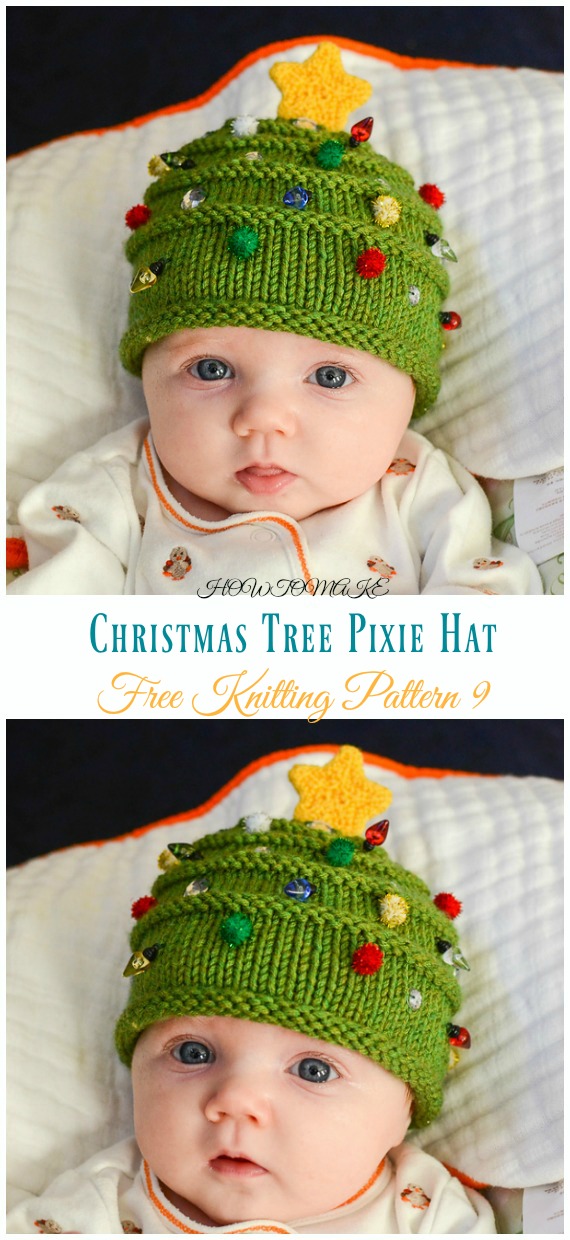 Christmas Tree Hat & Elfin Socks Knitting Free Pattern - Kids #Pixie; #Hat; Free #Knitting; Patterns