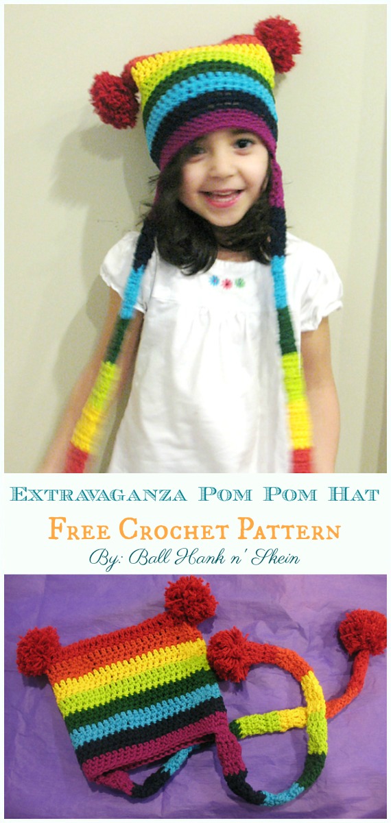 Rainbow Extravaganza Pom Pom Hat Crochet Free Pattern - Sack #Hat; Free #Crochet; Patterns