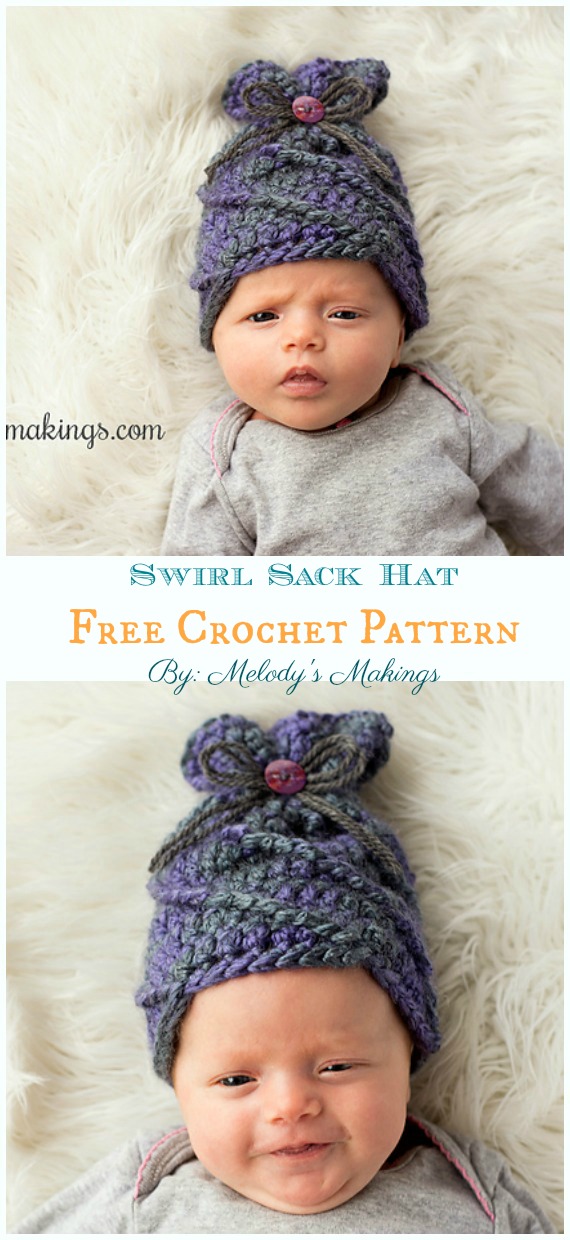 Swirl Sack Hat Crochet Free Pattern - Sack #Hat; Free #Crochet; Patterns