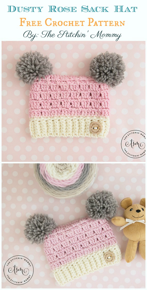 Dusty Rose Sack Hat Crochet Free Pattern - Sack #Hat; Free #Crochet; Patterns