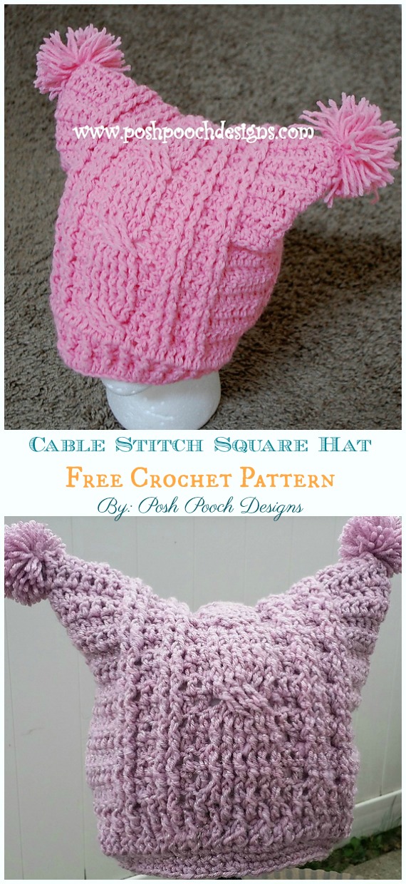 Cable Stitch Square Hat With Pom Poms Crochet Free Pattern - Sack #Hat; Free #Crochet; Patterns