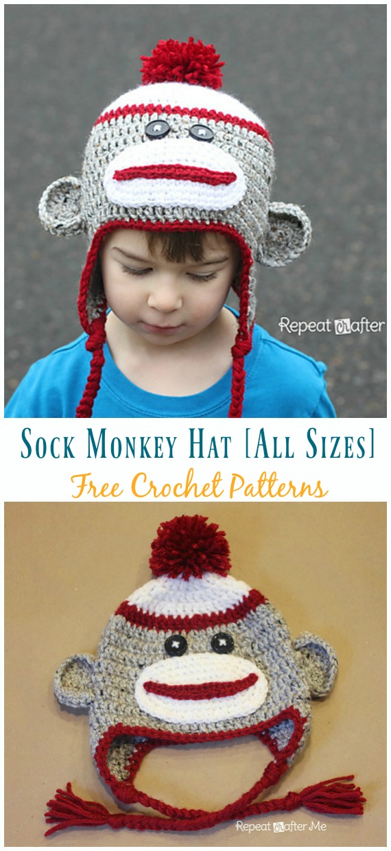 Sock Monkey Hat Crochet Free Pattern [All Sizes] - Sock #Monkey; #Hat; Free #Crochet; Patterns