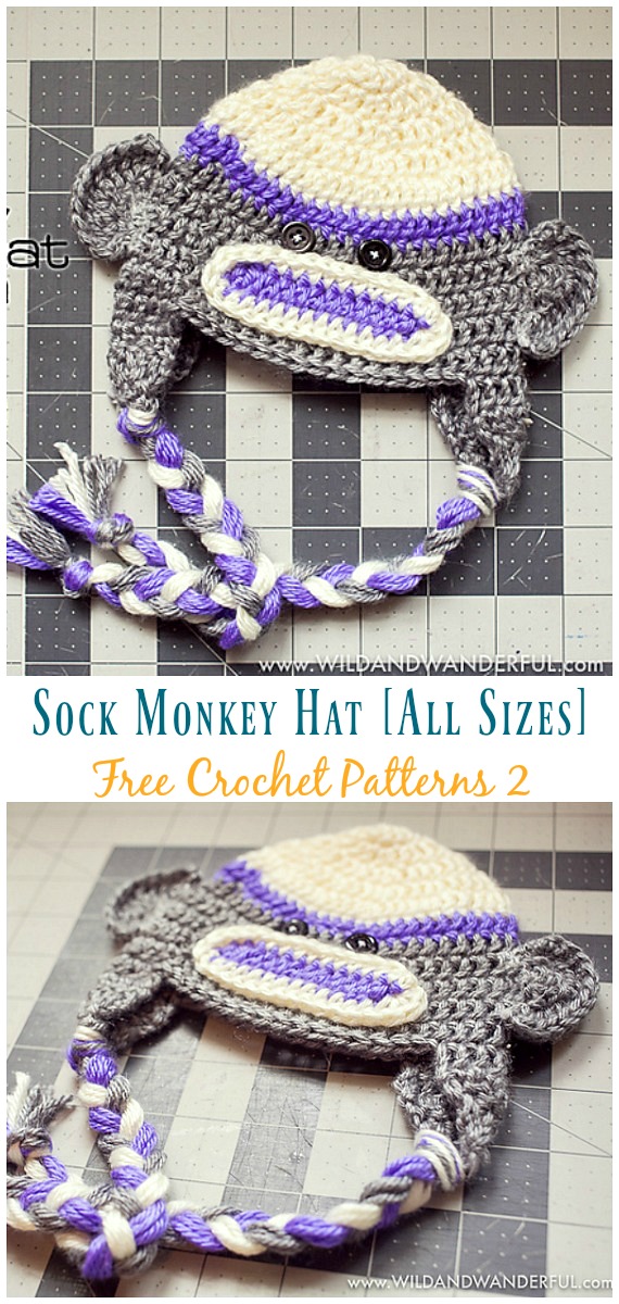 Sock Monkey Hat Crochet Free Pattern [All Sizes] - Sock #Monkey; #Hat; Free #Crochet; Patterns