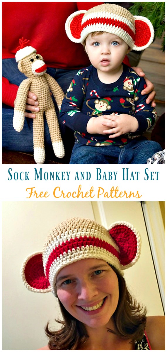 Sock Monkey and Baby Hat Set Crochet Free Pattern - Sock #Monkey; #Hat; Free #Crochet; Patterns