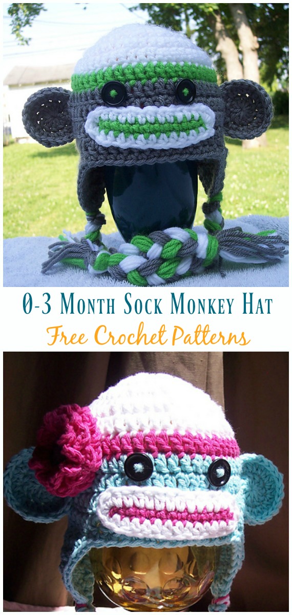 0-3 Month Sock Monkey Hat Crochet Free Pattern - Sock #Monkey; #Hat; Free #Crochet; Patterns