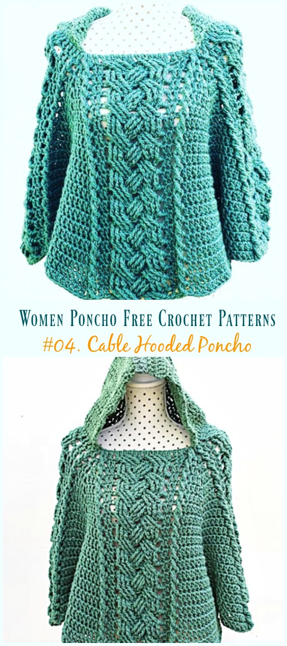 Cable Hooded Poncho Crochet Free Pattern Video Tutorial - Women #Poncho; Free #Crochet; Patterns