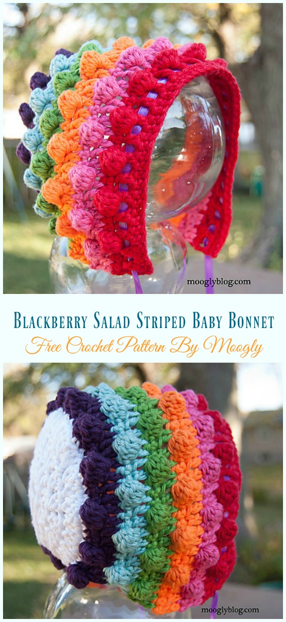 Blackberry Salad Striped Baby Bonnet Crochet Free Pattern - Baby #Bonnet; Hat Free #Crochet; Patterns